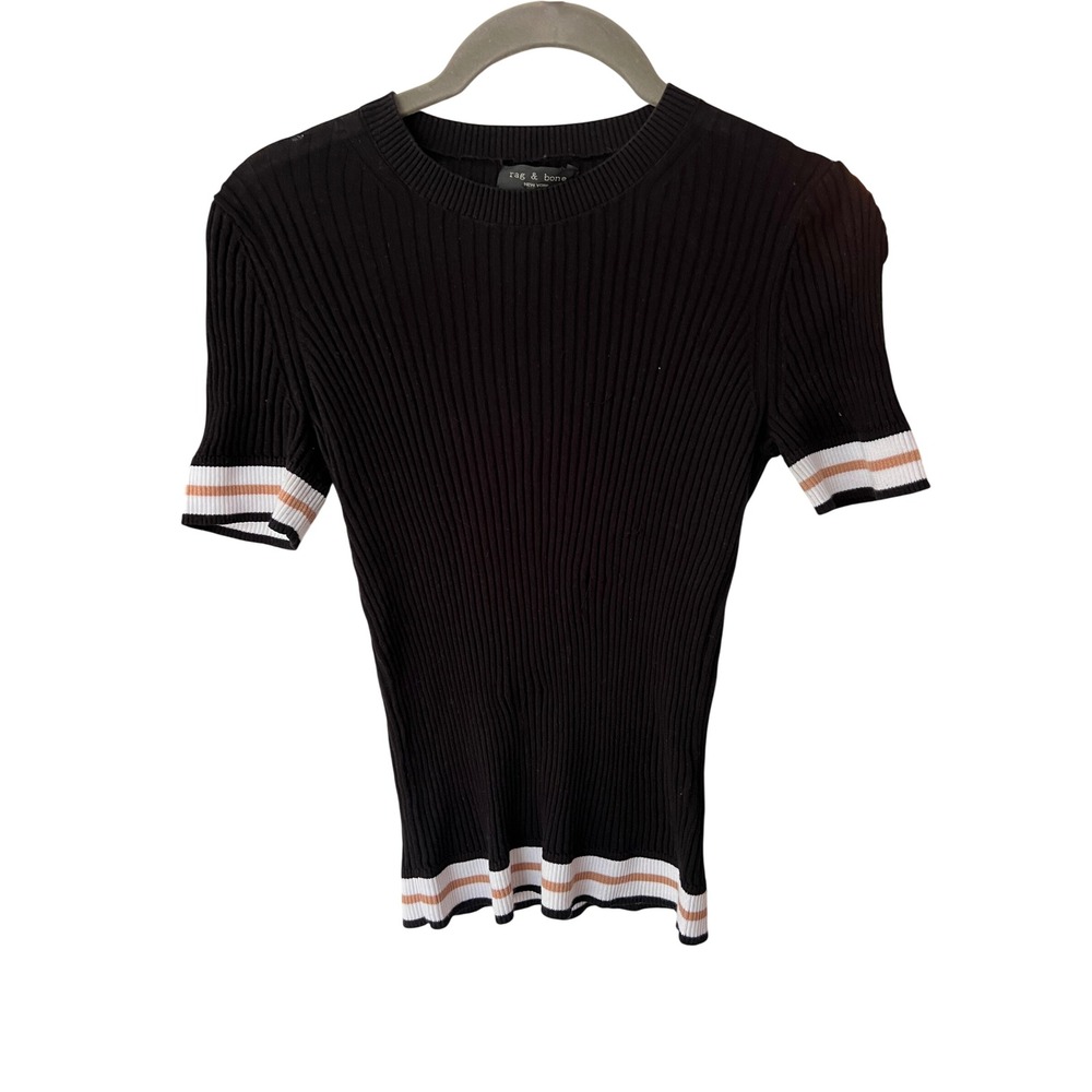 Rag & Bone Black Ribbed Knit Short Sleeve Top Striped Trim Cotton Size S